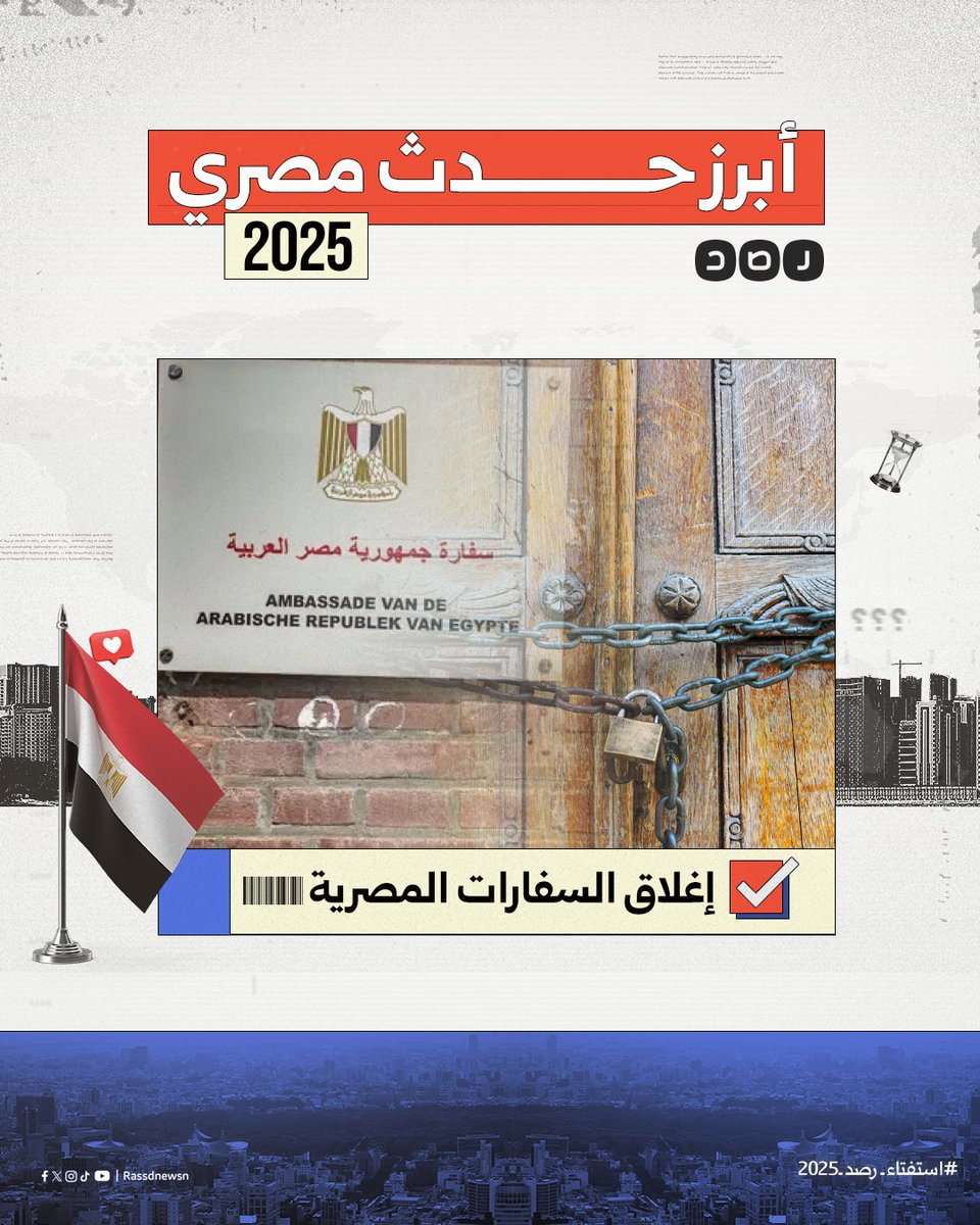 «أبرز حدث مصري».. في عام حافل بالأحداث، تصدّر إغلاق السفارات المصرية اختيارات الجمهور في #استفتاء_رصد بنسبة تصويت بلغت 32%. واحتلّ الاعتداء على قافلة الصمود المرتبة الثانية بنسبة 21%، فيما جاء افتتاح المتحف المصري الكبير في المرتبة الثالثة بنسبة 13%