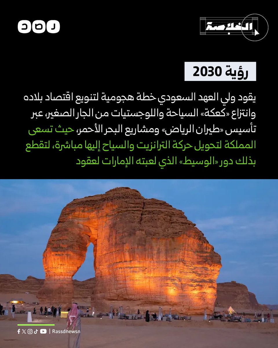 رؤية 2030 يقود ولي العهد السعودي خطة هجومية لتنويع اقتصاد بلاده وانتزاع «كعكة» السياحة واللوجستيات من الجار الصغير، عبر تأسيس «طيران الرياض» ومشاريع البحر الأحمر، حيث تسعى المملكة لتحويل حركة الترانزيت والسياح إليها مباشرة، لتقطع بذلك دور «الوسيط» الذي لع